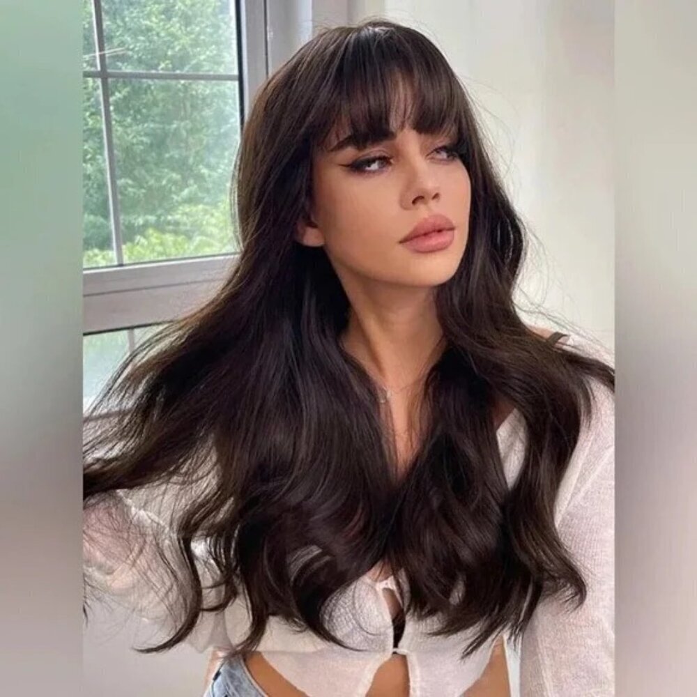 24 Inch Natural Brown Wavy Butterfly Hair with bangs